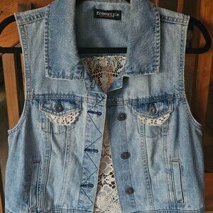 BOHO  Denim Vest vintage crochet accents - one of a kind